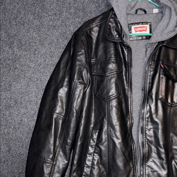 Levi's Black Faux Leather Jacket with hood for Men Large - Picture 6 of 11